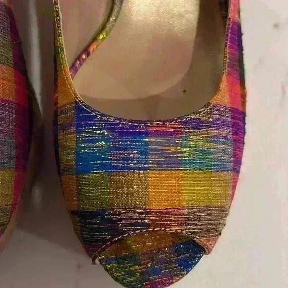 Stuart Weitzman plaid with gold cork wedge sling back peep toe shoes size 9M - Picture 2 of 8